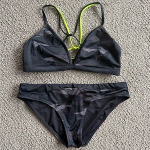 Athleta Black and Gray Bikini with Neon Accents